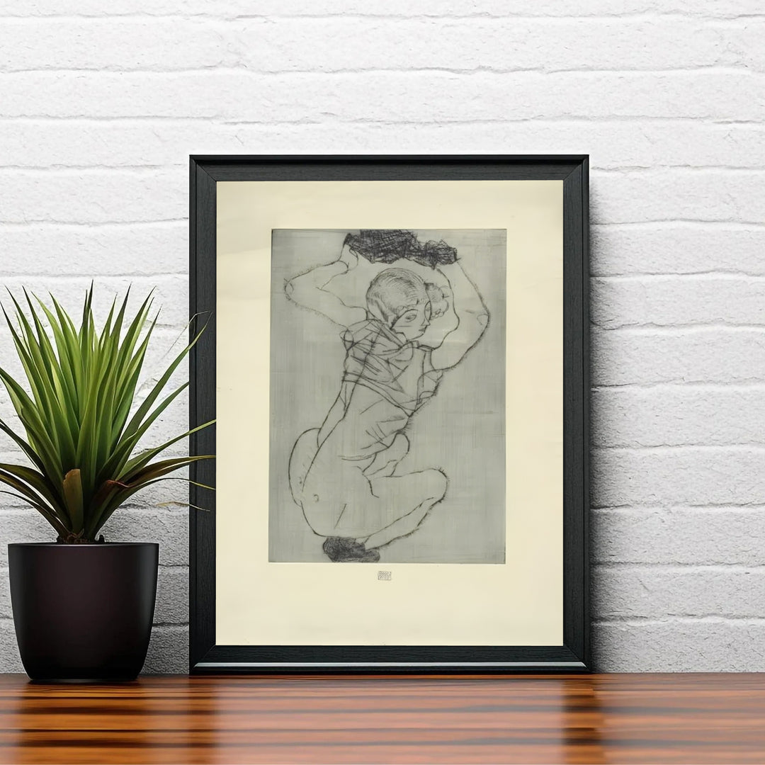 Classic Austrian Expressionism print of Egon Schiele Crouching Female Nude 1914 from Leopold Museum Vienna demonstrating master drypoint printmaking. Shop high-definition framed prints, unframed paper posters, and stretched canvas options directly at MapYourDreams online store today.