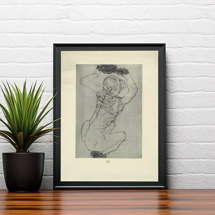 Classic Austrian Expressionism print of Egon Schiele Crouching Female Nude 1914 from Leopold Museum Vienna demonstrating master drypoint printmaking. Shop high-definition framed prints, unframed paper posters, and stretched canvas options directly at MapYourDreams online store today.