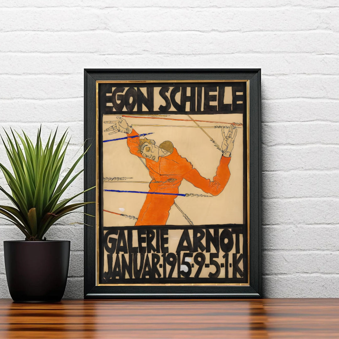 Vibrant orange self portrait wall poster of Egon Schiele Galerie Arnot 1915 from Galerie Arnot Vienna highlighting bold woodcut style lettering. MapYourDreams supplies custom framed paper prints, unframed wall posters, and gallery stretched canvas art for living rooms and bedrooms.