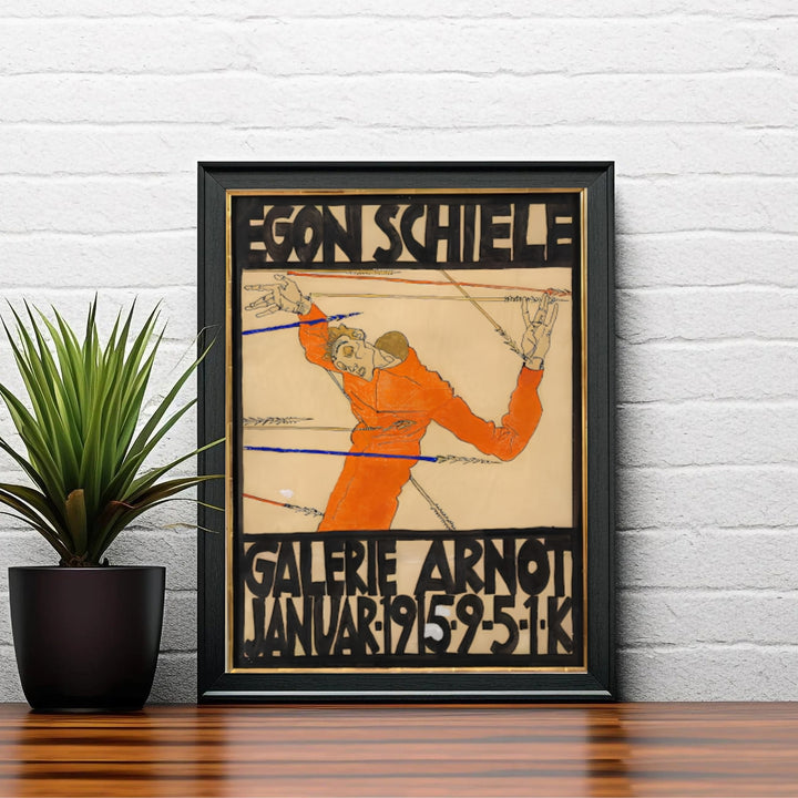 Vibrant orange self portrait wall poster of Egon Schiele Galerie Arnot 1915 from Galerie Arnot Vienna highlighting bold woodcut style lettering. MapYourDreams supplies custom framed paper prints, unframed wall posters, and gallery stretched canvas art for living rooms and bedrooms.
