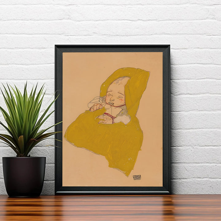 Radiant yellow blanket baby wall poster of Egon Schiele Infant On A Changing Pad 1915 from Leopold Museum Vienna highlighting delicate graphite hatchings. MapYourDreams supplies custom framed paper prints, unframed wall posters, and gallery stretched canvas art for living rooms and bedrooms.