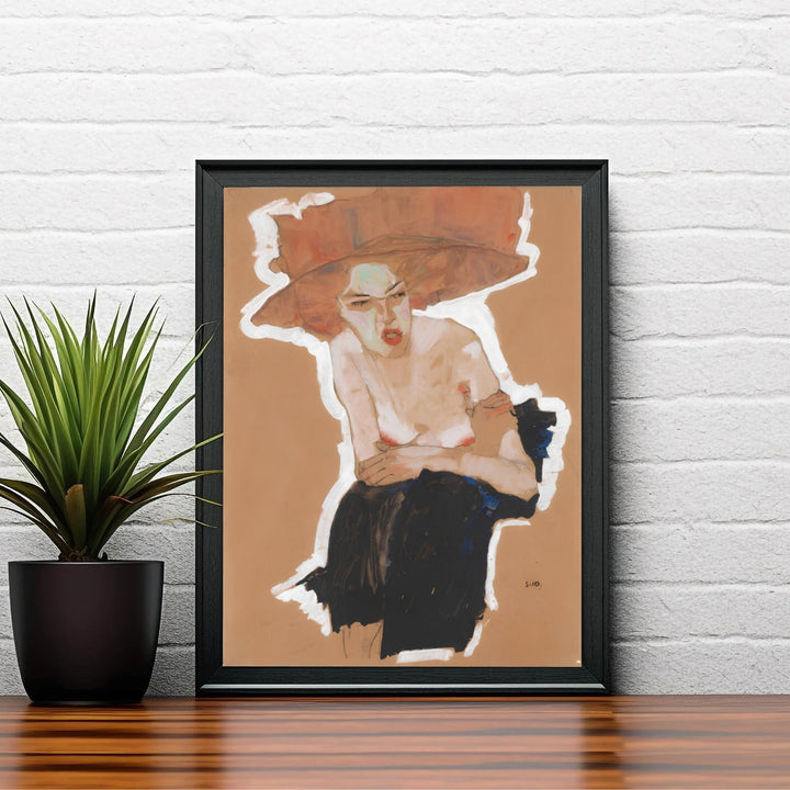 Classic Austrian Expressionism figure print of Egon Schiele Seated Woman With Hat 1910 from Vienna Austria demonstrating master draughtsmanship. Shop high-definition framed prints, unframed paper posters, and stretched canvas options directly at MapYourDreams online store today.