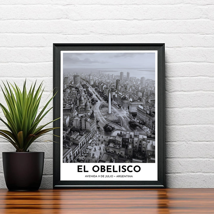 Aerial viewpoint cityscape illustration of Avenida 9 de Julio and El Obelisco in sophisticated charcoal and white tones. Curated by MapYourDreams, this wall piece offers customizable choices such as archival paper prints, real wood frames, or canvas wraps.