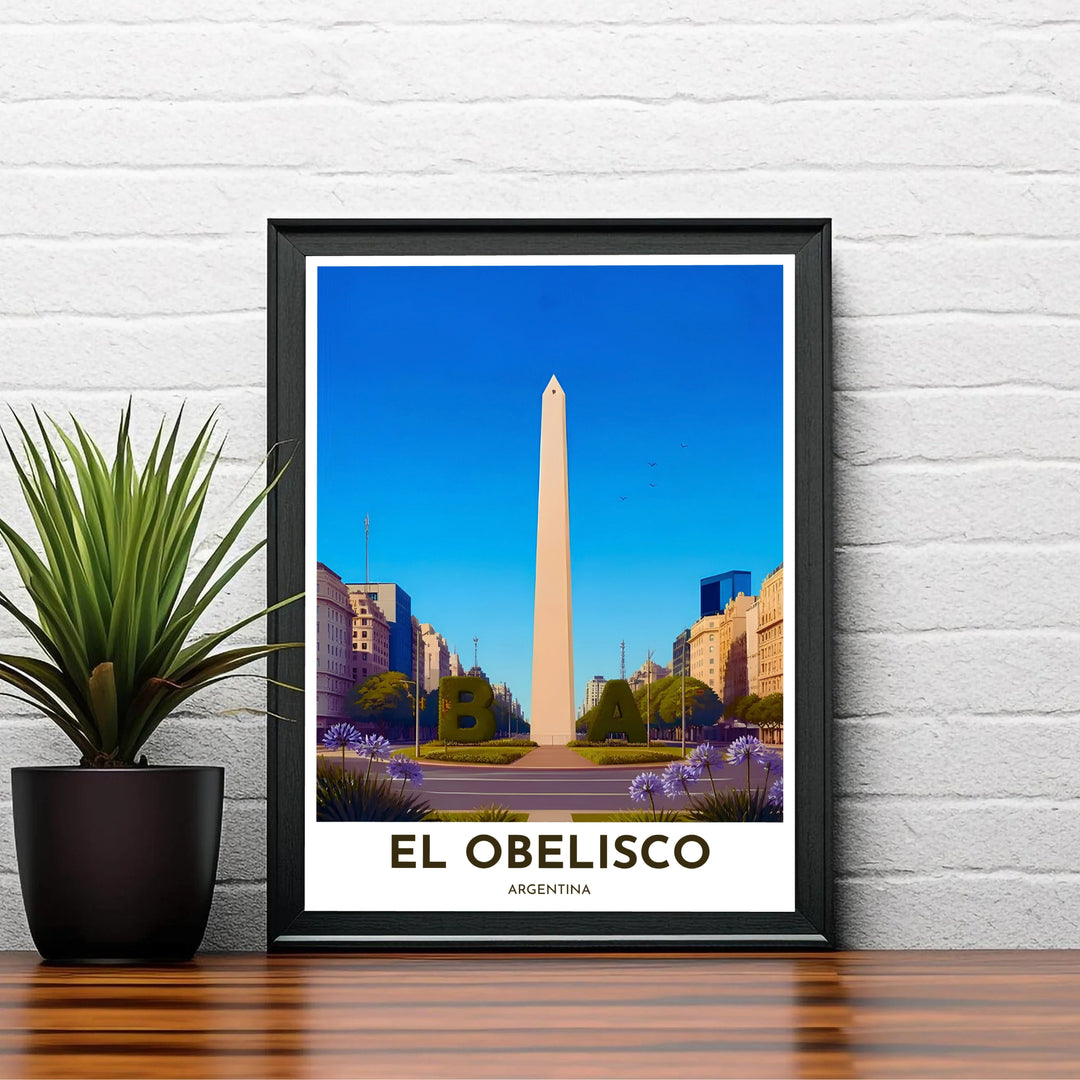 Vibrant city plaza print showing the green BA topiary, obelisk monument, and purple flowers of downtown Buenos Aires. A signature piece from MapYourDreams, this artwork comes ready for display as unframed paper, framed art, or stretched canvas.