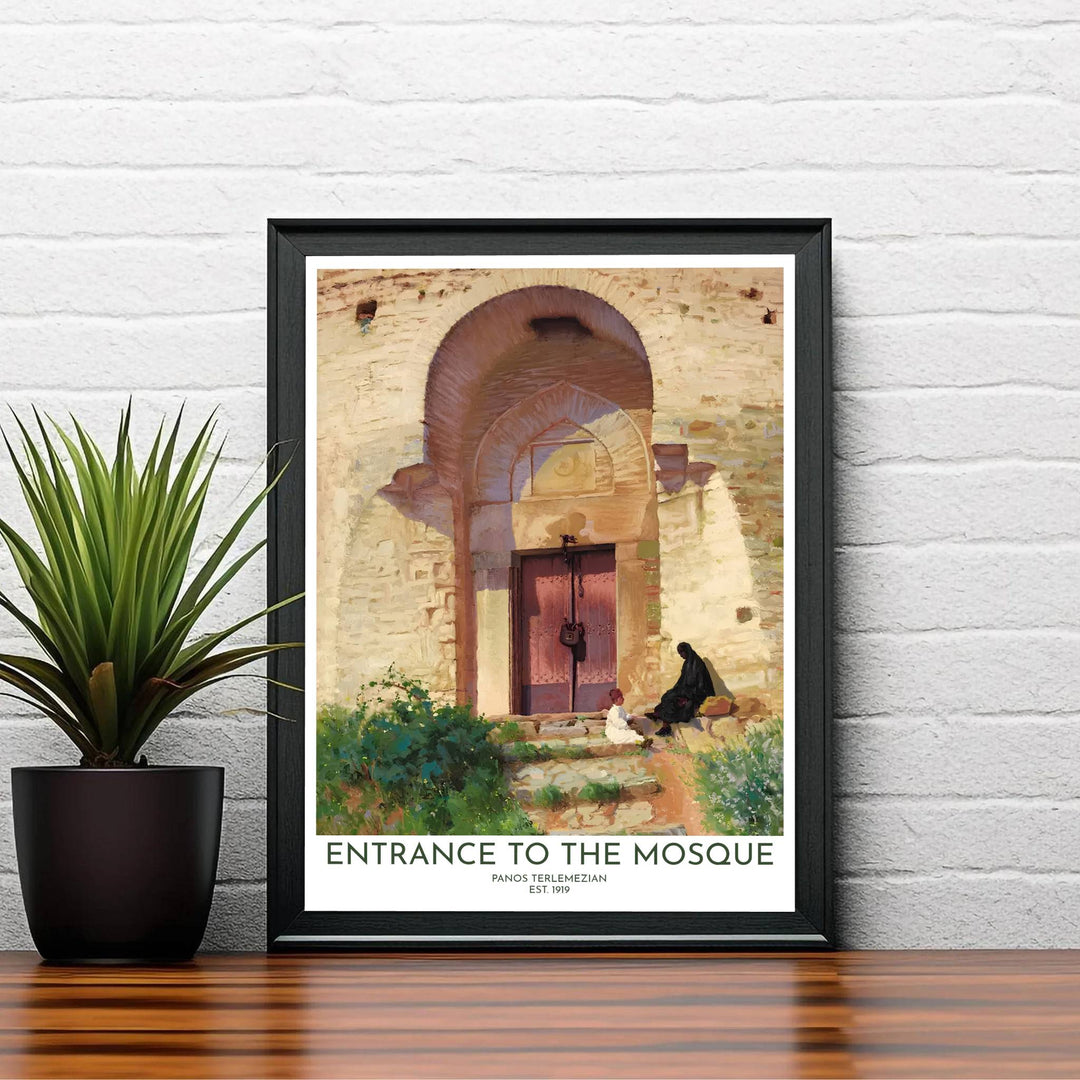 Elegant fine art poster showing Entrance to the Mosque by Panos Terlemezian with sunlit stone steps, wooden door, and green shrubs. Created by MapYourDreams, this artwork is available in flexible options including unframed paper, custom wooden frames, and gallery canvas wraps for bedroom wall art.