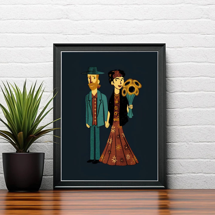 Art history mashup poster print of Frida Kahlo And Van Gogh Couple 1939 showing Frida in a red dress in Coyoacán, Mexico City. Choose custom framed wall art, unframed paper prints, or gallery canvas choices at MapYourDreams for cute, conversation-starting room decor setups.
