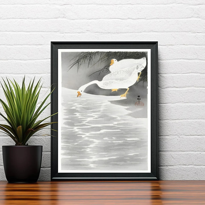 Vintage 1900 1930 Japanese woodblock poster by artist Ohara Koson displaying geese by gentle waves reminiscent of Nara riverbank exhibitions. Shop high-definition framed, unframed, and canvas art print options at MapYourDreams.