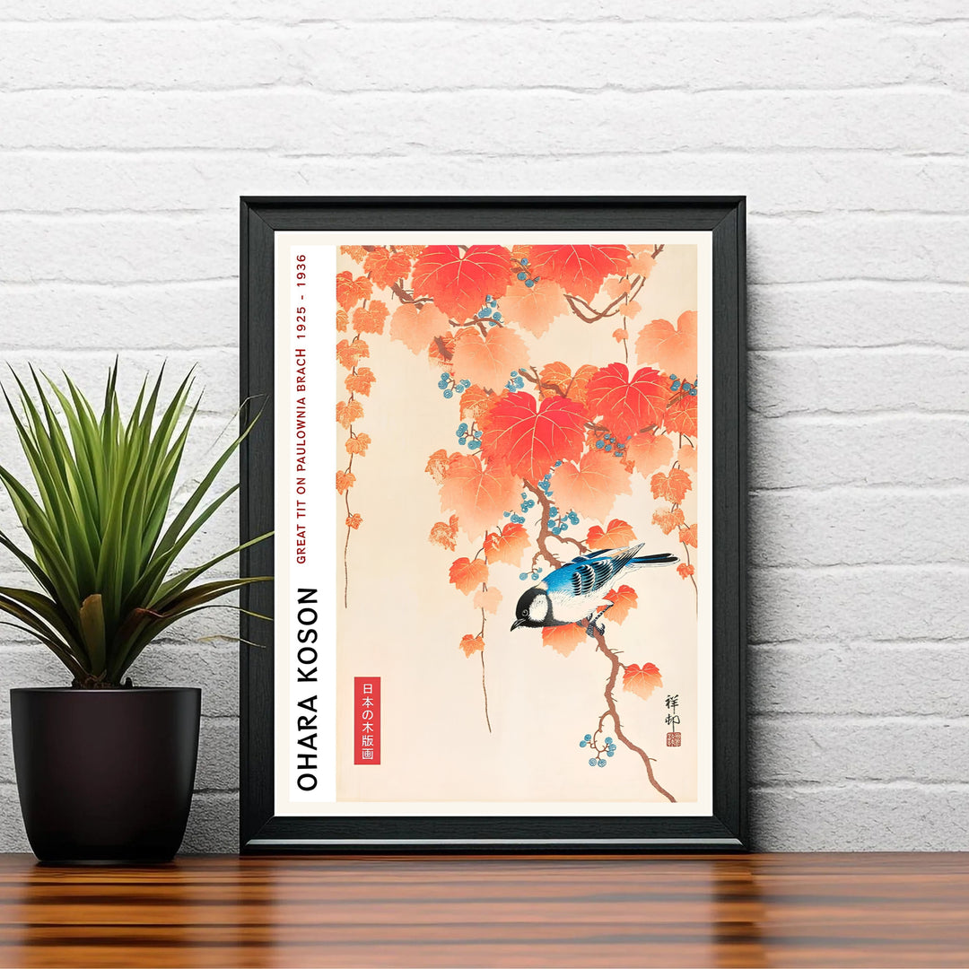 Vintage 1925 1936 Japanese woodblock poster by artist Ohara Koson displaying a blue bird on red branches reminiscent of Nara autumn exhibitions. Shop high-definition framed, unframed, and canvas art print options at MapYourDreams.