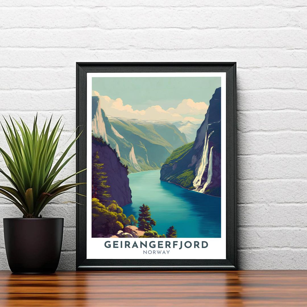 Elegant travel illustration showcasing the natural wonder of Geirangerfjord in Norway with white water cascading past steep green hillsides. Designed to bring European outdoor beauty indoors, this fine print comes in versatile finishes including unframed paper, protective framed wall art, and stretched canvas options.