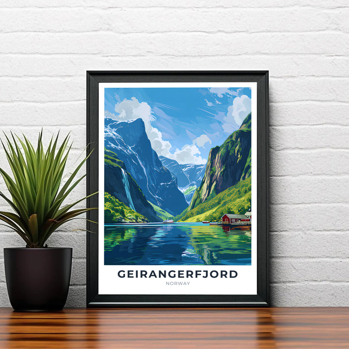 Elegant travel illustration showcasing the scenic cruise passage through Geirangerfjord in Norway with vibrant blue waters and mountain ridges. Designed to bring European wanderlust into home interiors, this fine print comes in versatile finishes including unframed paper prints, sleek framed wall art, and stretched canvas options.