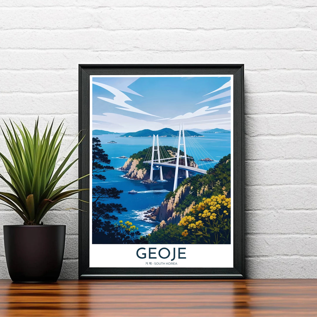 Charming Asian ocean landscape poster depicting Geoje, South Korea, with a ferry gliding beneath Geoga Bridge surrounded by lush green hills and azure sea channels. Offered by MapYourDreams, this artwork is available in flexible options including unframed paper, custom wooden frames, and gallery canvas wraps.