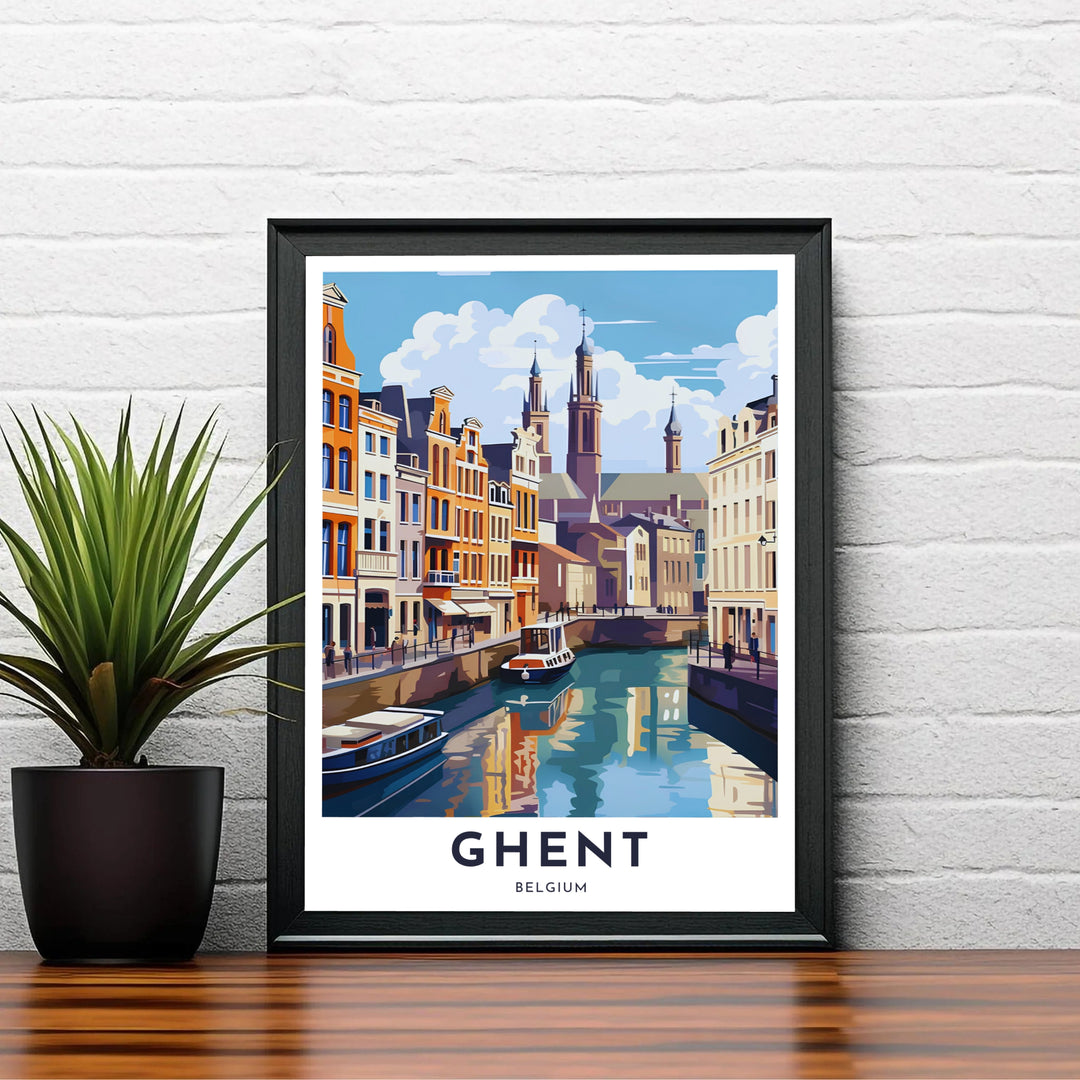 Refined retro cityscape poster displaying soft pastel blues, terracottas, and ochre hues of Ghent, Belgium. Choose your preferred finish from standalone unframed matte paper, custom decorative frames, or ready-to-hang gallery canvas options.