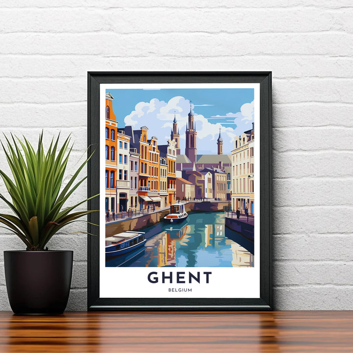 Refined retro cityscape poster displaying soft pastel blues, terracottas, and ochre hues of Ghent, Belgium. Choose your preferred finish from standalone unframed matte paper, custom decorative frames, or ready-to-hang gallery canvas options.