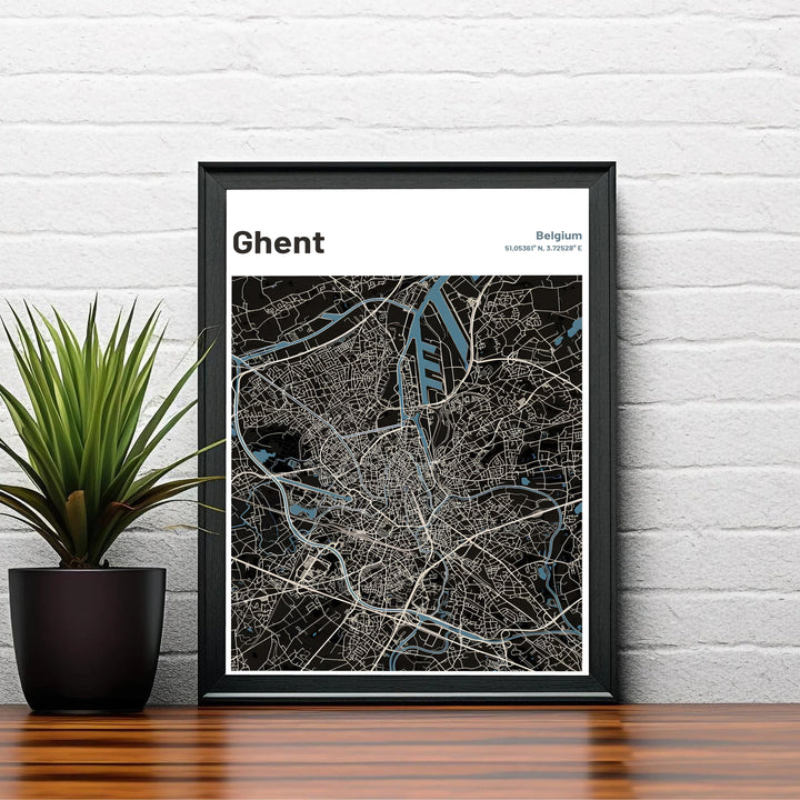 Modern dark mode wall art print with a white top banner illustrating Ghent, Belgium. Offered by MapYourDreams, this artwork is available in flexible options including unframed paper, custom wooden frames, and gallery canvas wraps.