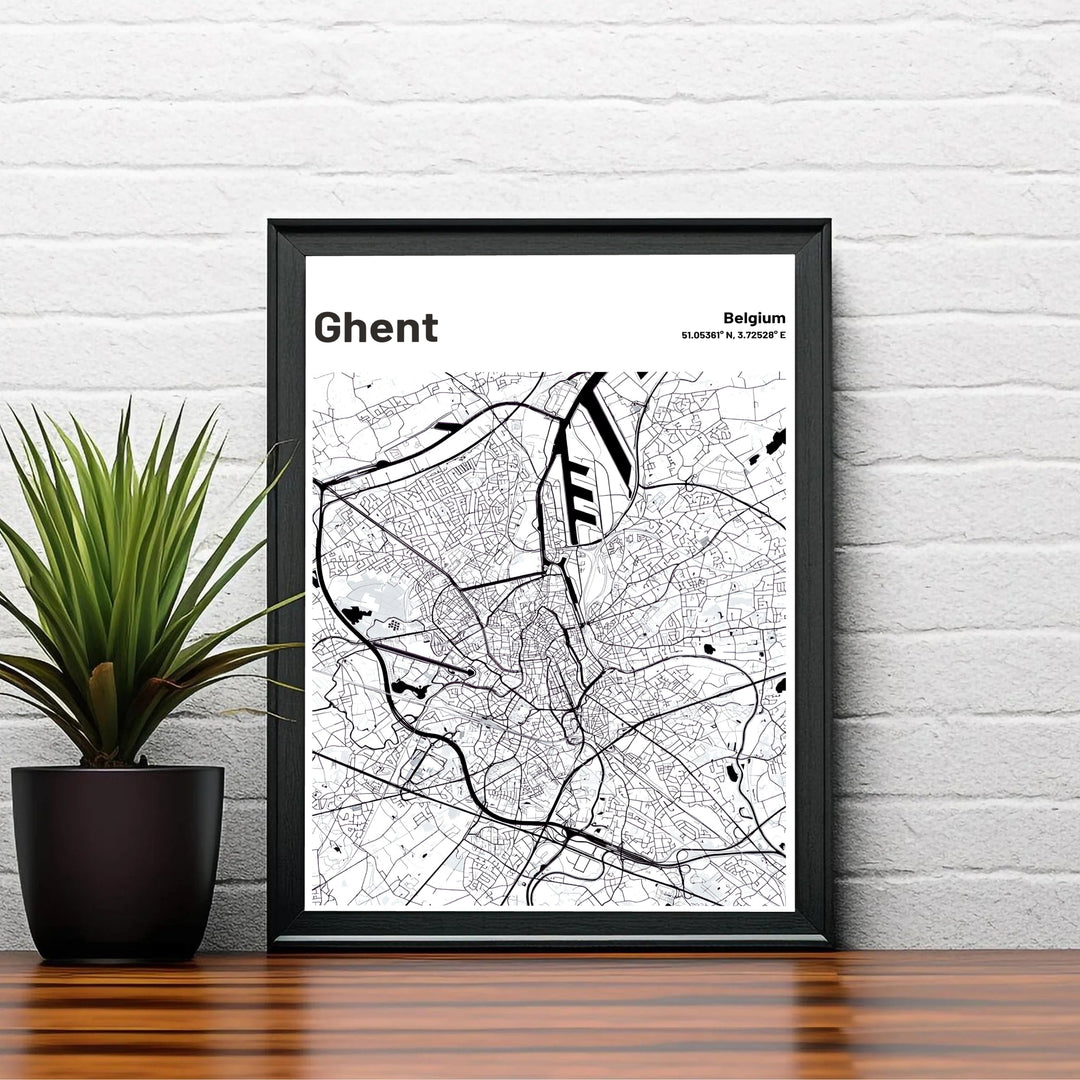Graphic city map print featuring crisp black street lines and canal channels in Ghent, Belgium. Choose your preferred finish from standalone unframed matte paper, custom decorative frames, or ready-to-hang gallery canvas options.