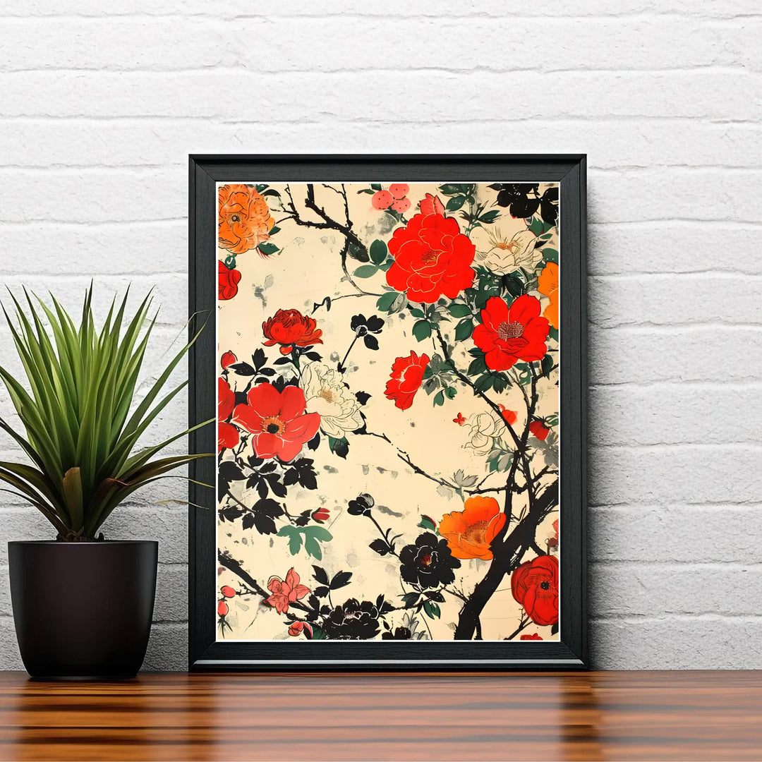 Vintage Japanese woodblock poster by artist Katsushika Hokusai displaying orange peonies and dark foliage reminiscent of Nara garden exhibitions. Shop high-definition framed, unframed, and canvas art print options at MapYourDreams.