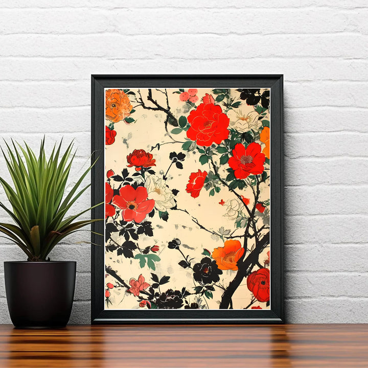 Vintage Japanese woodblock poster by artist Katsushika Hokusai displaying orange peonies and dark foliage reminiscent of Nara garden exhibitions. Shop high-definition framed, unframed, and canvas art print options at MapYourDreams.