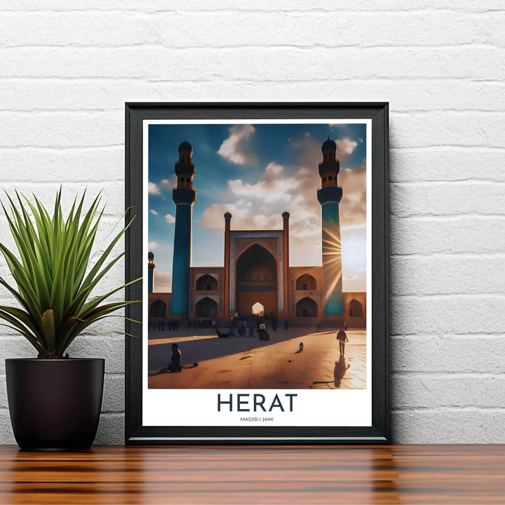 Elegant Afghan travel poster showing Great Mosque of Herat minarets illuminated by golden late-afternoon sun rays. Created by MapYourDreams, this artwork is available in flexible options including unframed paper, custom wooden frames, and gallery canvas wraps for bedroom wall art.
