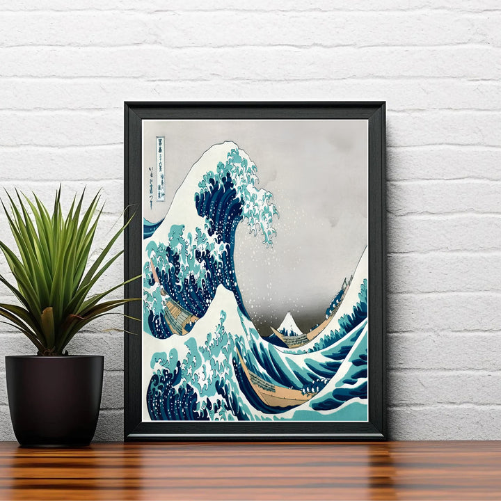 Vintage Japanese woodblock poster by artist Katsushika Hokusai displaying three oared barges battling waves off Kanagawa near Mount Fuji. Shop high-definition framed, unframed, and canvas art print options at MapYourDreams.