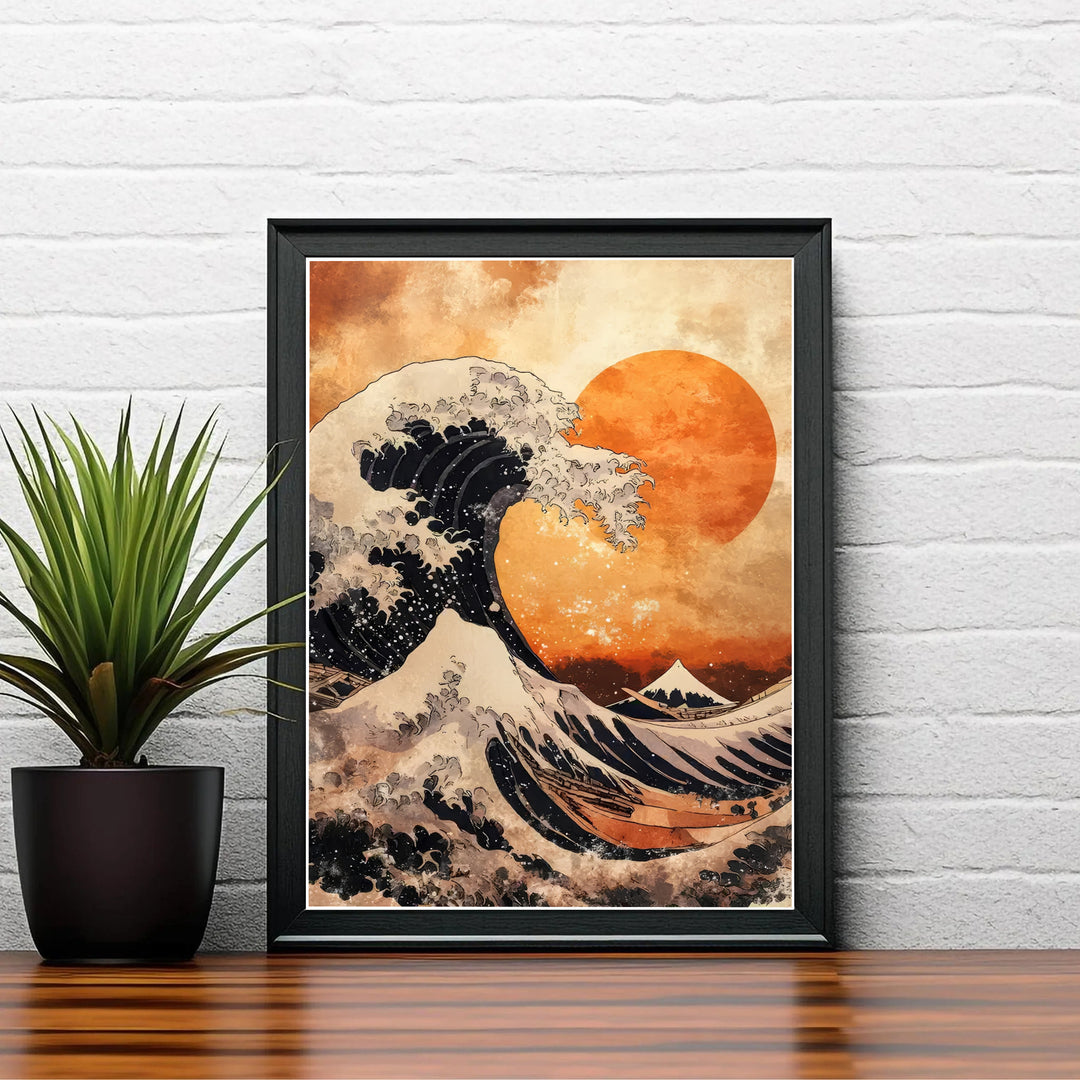 Vintage Japanese woodblock poster by artist Katsushika Hokusai displaying three oared barges under a red sun off Kanagawa near Mount Fuji. Shop high-definition framed, unframed, and canvas art print options at MapYourDreams.