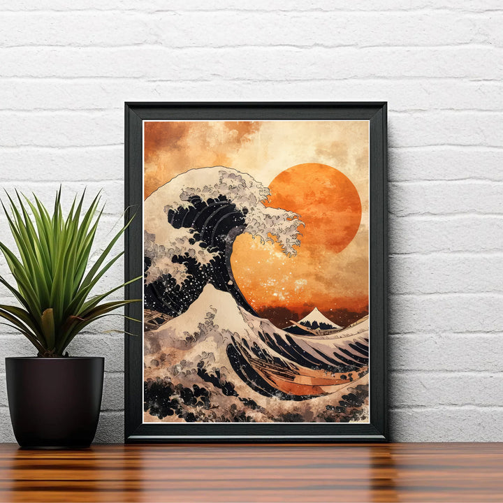 Vintage Japanese woodblock poster by artist Katsushika Hokusai displaying three oared barges under a red sun off Kanagawa near Mount Fuji. Shop high-definition framed, unframed, and canvas art print options at MapYourDreams.