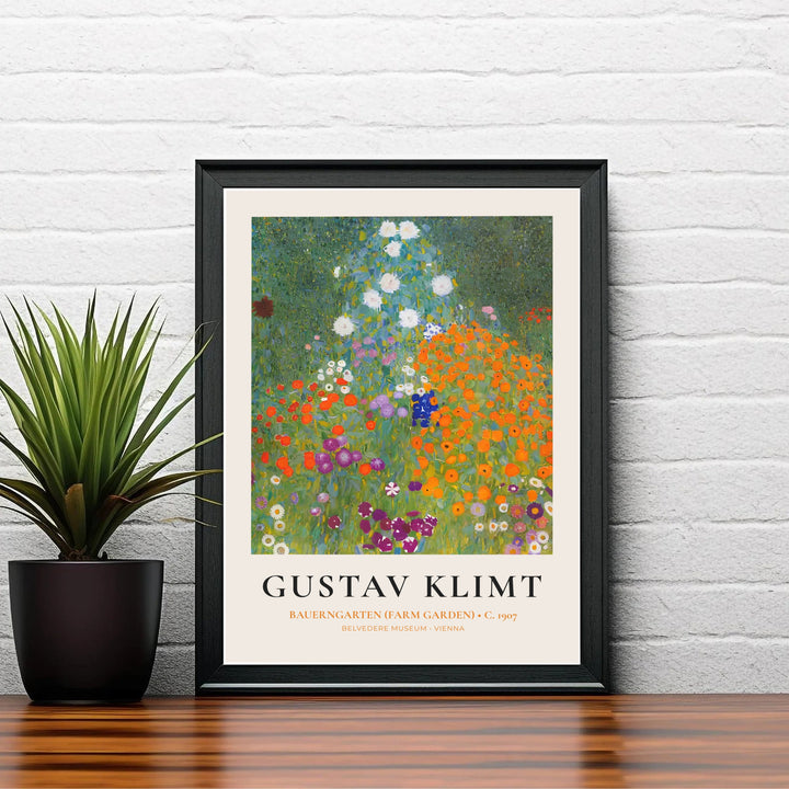Symbolist floral meadow print of Gustav Klimt Bauerngarten Farm Garden 1907 created in Vienna, Austria with orange, magenta, and white flowers. Shop high-definition framed prints, unframed paper posters, and stretched canvas options directly at MapYourDreams for classic interiors.