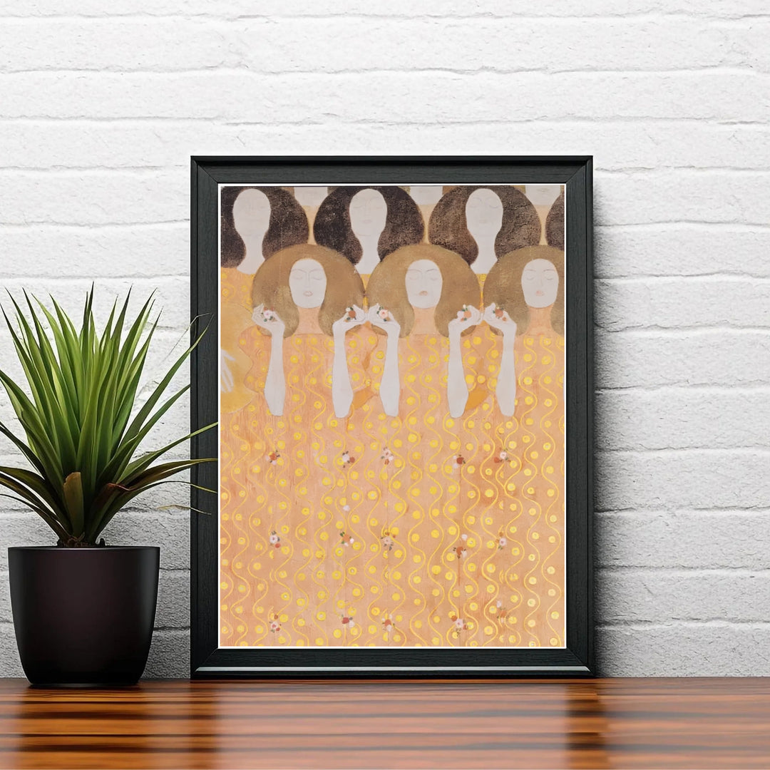 Historical museum exhibition poster of Gustav Klimt Beethoven Frieze Secession Building Vienna 1902 illustrating famous Golden Phase brushwork from Vienna, Austria. MapYourDreams delivers archival framed wall art, unframed paper prints, and gallery canvas wall decor designed to enhance entryways.