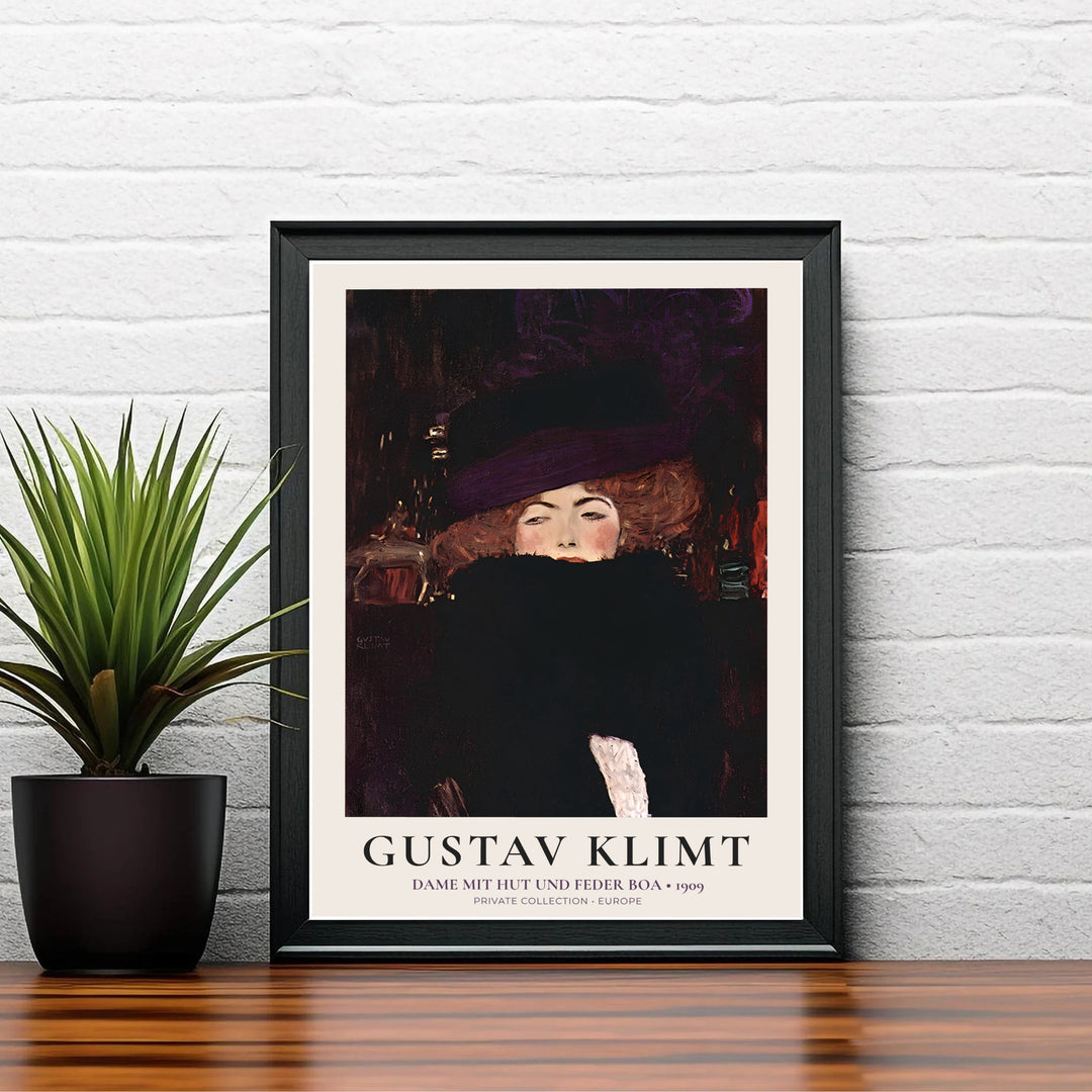 Vintage Viennese fashion poster of Gustav Klimt Dame Mit Hut Und Federboa 1909 capturing authentic 1909 portraiture from Europe. Discover custom framed prints, unframed poster options, and stretched canvas wall decor at MapYourDreams for your home office space.