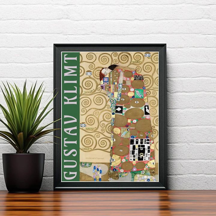 Authentic Austrian master mosaic poster of Gustav Klimt Fulfillment Die Erfullung 1909 showing two lovers from the Stoclet Palace in Brussels Belgium. Order custom framed prints, unframed paper wall poster art, or gallery canvas options from MapYourDreams to transform your lounge space.