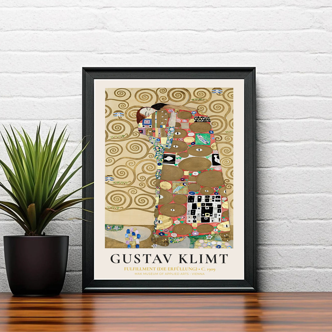 Authentic Symbolist mosaic poster of Gustav Klimt Fulfillment Die Erfüllung 1909 showing two lovers locked in an embrace from the Palais Stoclet in Brussels Belgium. Order custom framed prints, unframed paper wall poster art, or gallery canvas options from MapYourDreams to decorate your room.