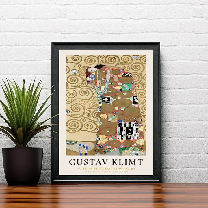 Authentic Symbolist mosaic poster of Gustav Klimt Fulfillment Die Erfüllung 1909 showing two lovers locked in an embrace from the Palais Stoclet in Brussels Belgium. Order custom framed prints, unframed paper wall poster art, or gallery canvas options from MapYourDreams to decorate your room.