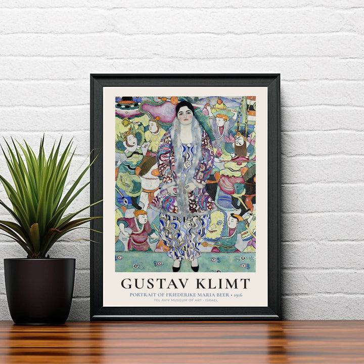 Authentic Secessionist portrait poster of Gustav Klimt Portrait Of Friederike Maria Beer 1916 showing fur-lined cloak and geometric patterns from Tel Aviv Museum of Art in Israel. Order custom framed prints, unframed paper wall poster art, or gallery canvas options from MapYourDreams to decorate.