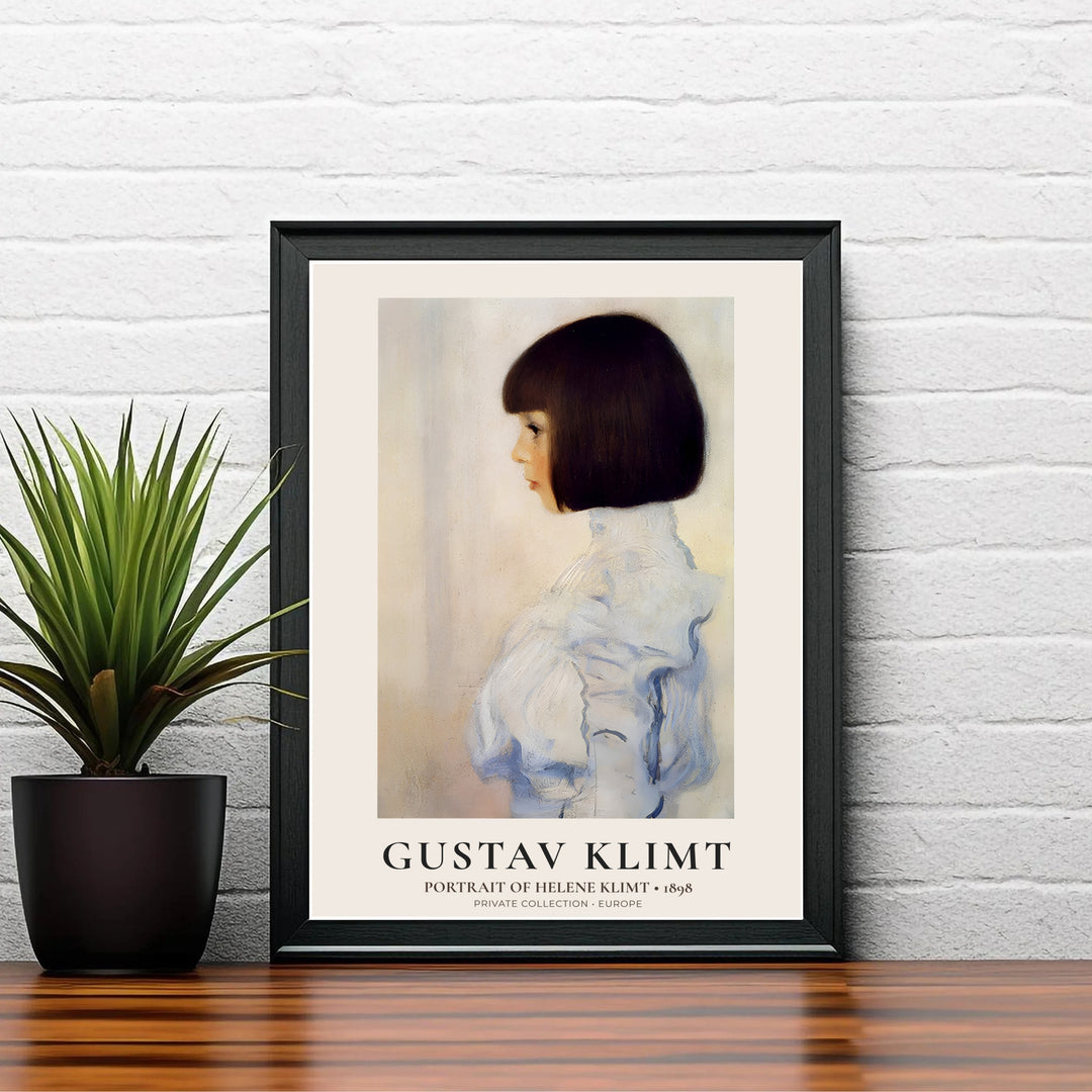 Historical European profile artwork of Gustav Klimt Portrait Of Helene Klimt 1898 from a Private Collection in Europe with bottom museum exhibition typography. Select custom framed wall art, unframed paper poster prints, or gallery canvas formats at MapYourDreams for an elegant wall layout.