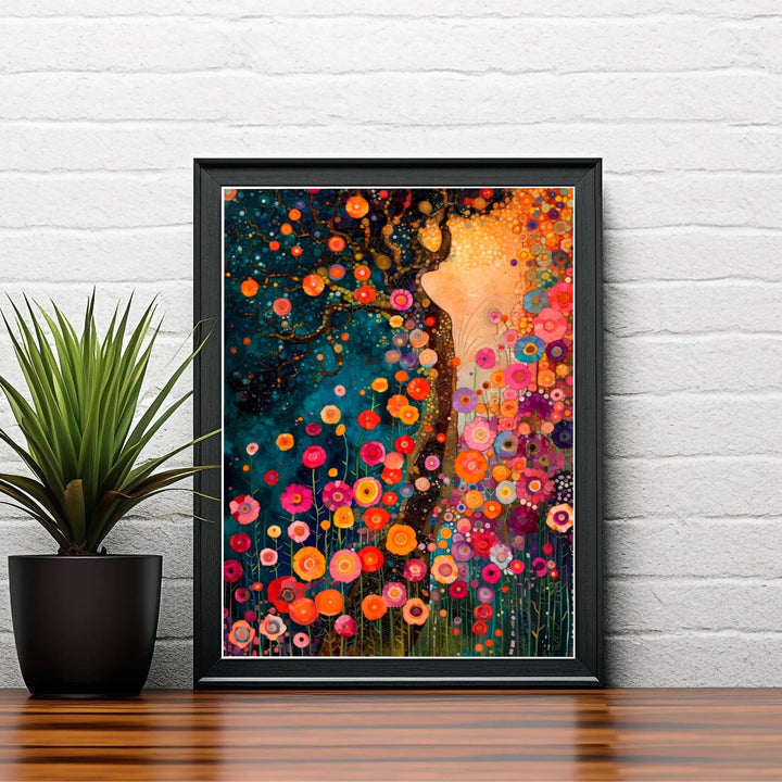 Authentic Art Nouveau floral poster of Gustav Klimt Style Dream Of Flowers showing a dark trunk rising through a colorful wildflower meadow. Order custom framed prints, unframed paper wall poster art, or gallery canvas options from MapYourDreams to elevate your favorite room.
