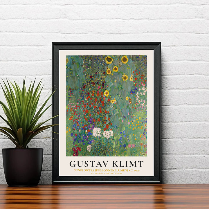 Authentic 1907 botanical masterpiece poster of Gustav Klimt Sunflowers Die Sonnenblumen at Belvedere Museum Vienna with clear typography. Order custom framed prints, unframed paper wall poster art, or gallery canvas options from MapYourDreams to elevate your favorite interior space.