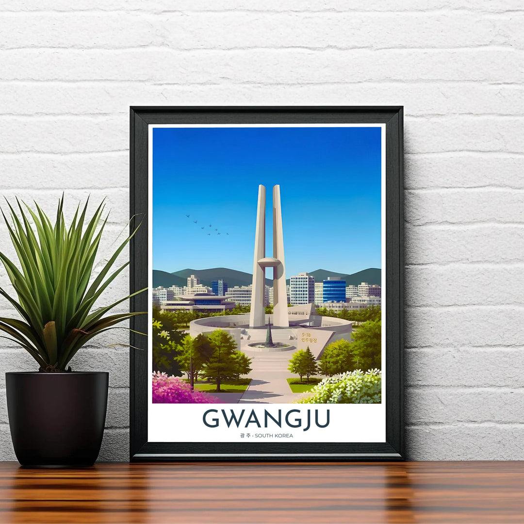 Atmospheric South Korea travel poster depicting the May 18 Memorial in Gwangju, with sunlight illuminating the central stone monument, park pathways, and urban backdrop. Offered by MapYourDreams, this artwork is available in flexible options including unframed paper, custom wooden frames, and gallery canvas wraps.