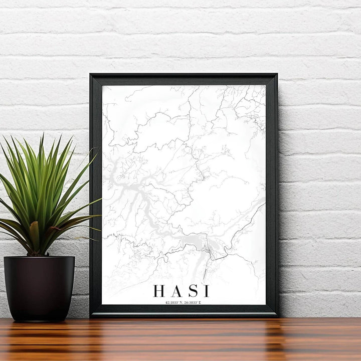 Clean black vector linework creates a striking cartographic layout of the Has region in Albania on a bright white archival print surface. Order this artwork in your preferred style, such as an unframed paper print, a sleek wood frame, or a stretched canvas wrap.