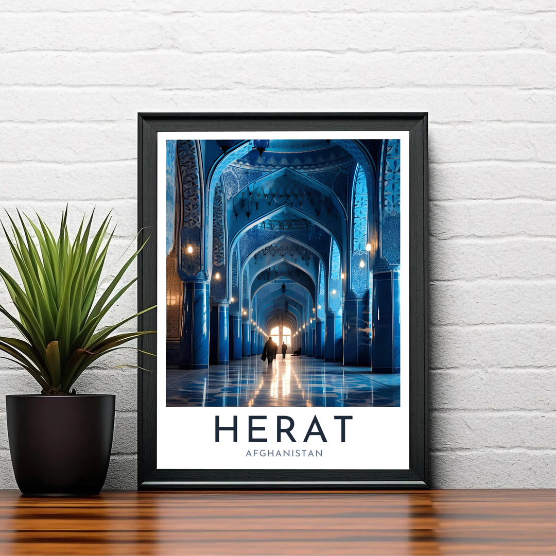Vibrant blue mosque photography poster of Herat Afghanistan showcasing historic Islamic architecture details, produced by MapYourDreams with choices including unframed poster prints, canvas wall decor, or custom framed prints in white, bronze, and silver frame selections.