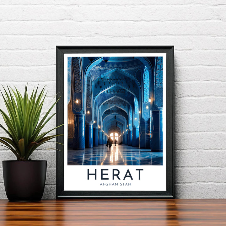 Vibrant blue mosque photography poster of Herat Afghanistan showcasing historic Islamic architecture details, produced by MapYourDreams with choices including unframed poster prints, canvas wall decor, or custom framed prints in white, bronze, and silver frame selections.