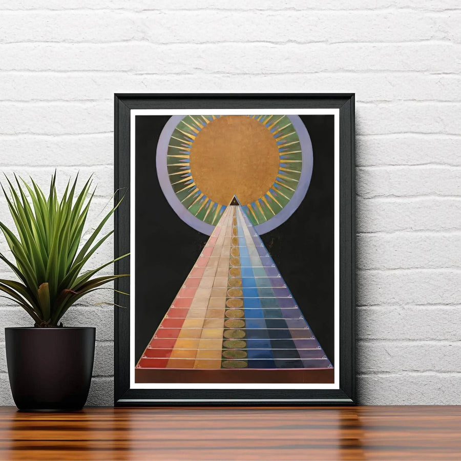Radiating an unmistakable aura of intellectual elegance, this visionary-inspired Hilma af Klint Group X Altarpiece wall decor relies on contrasting gold and chromatic strata to explore spiritual ascension. Offered by MapYourDreams, this artwork is available in flexible options including unframed paper, custom wooden frames, and gallery canvas wraps.
