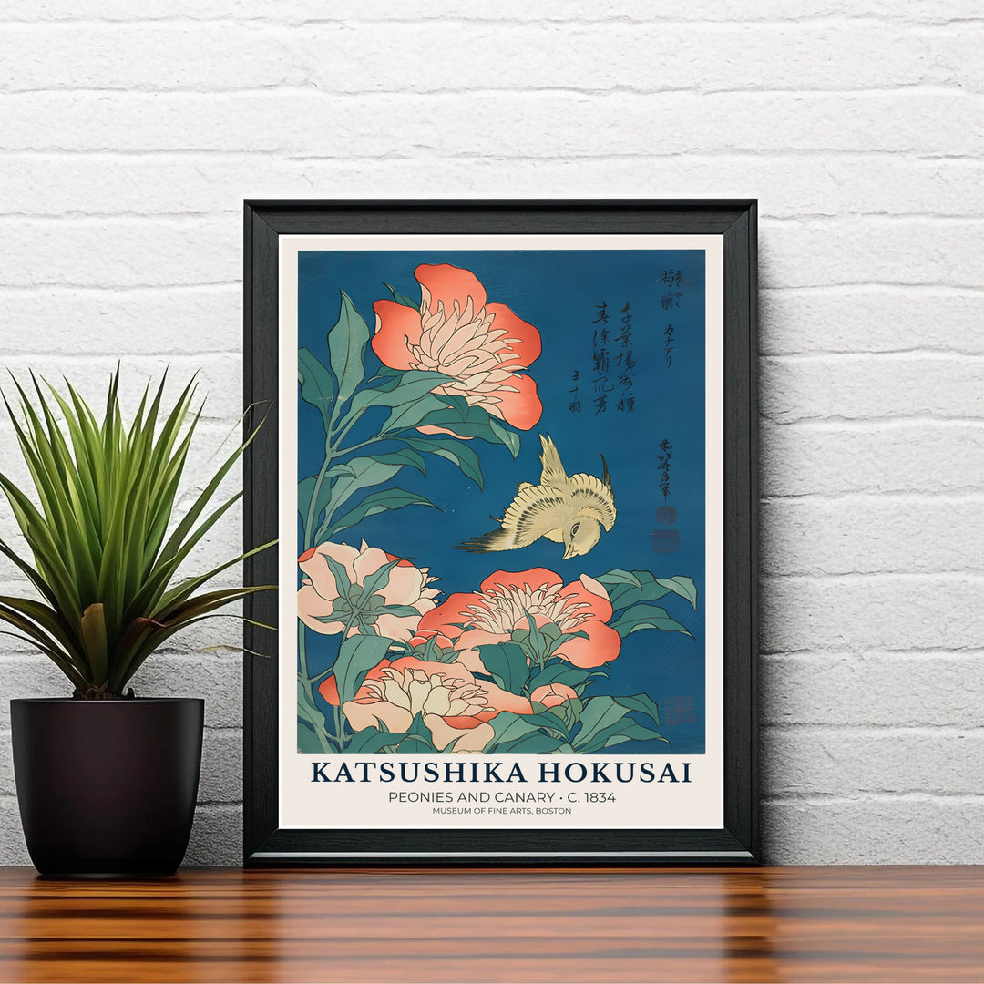 Vintage Japanese woodblock poster Peonies and Canary by artist Katsushika Hokusai displaying vertical calligraphic poetry and flowers in Boston. Shop high-definition framed, unframed, and canvas art print options at MapYourDreams.