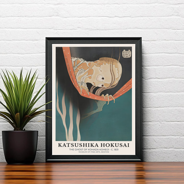 Vintage Japanese woodblock poster of The Ghost of Kohada Koheiji by artist Katsushika Hokusai displaying red netting and a skeletal spirit in Boston. Shop high-definition framed, unframed, and canvas art print options at MapYourDreams.