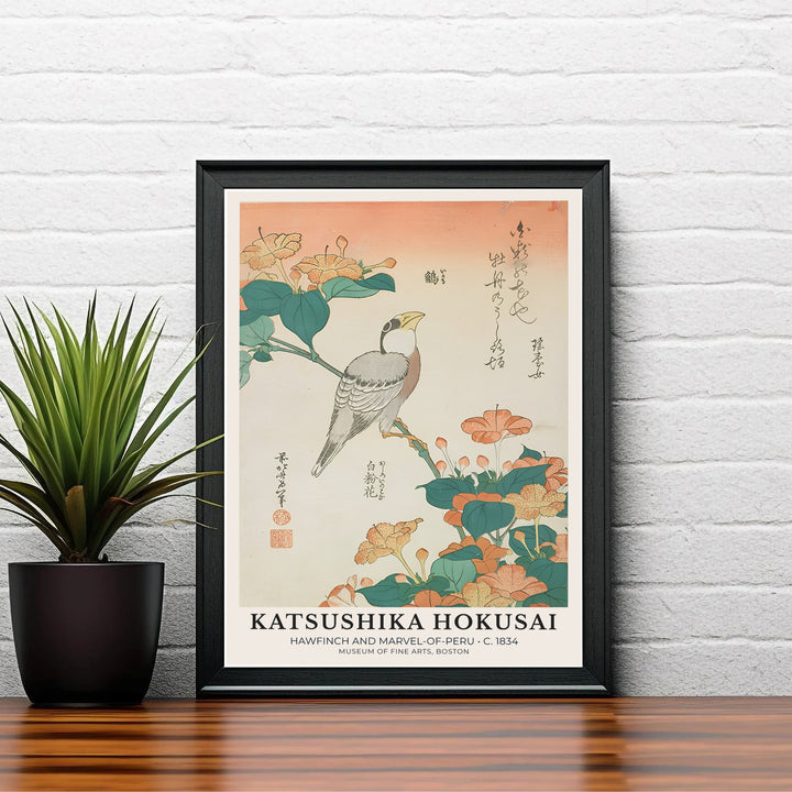 Vintage Japanese woodblock poster Hawfinch and Marvel-of-Peru by artist Katsushika Hokusai displaying floral branches and a bird in Boston. Shop high-definition framed, unframed, and canvas art print options at MapYourDreams.
