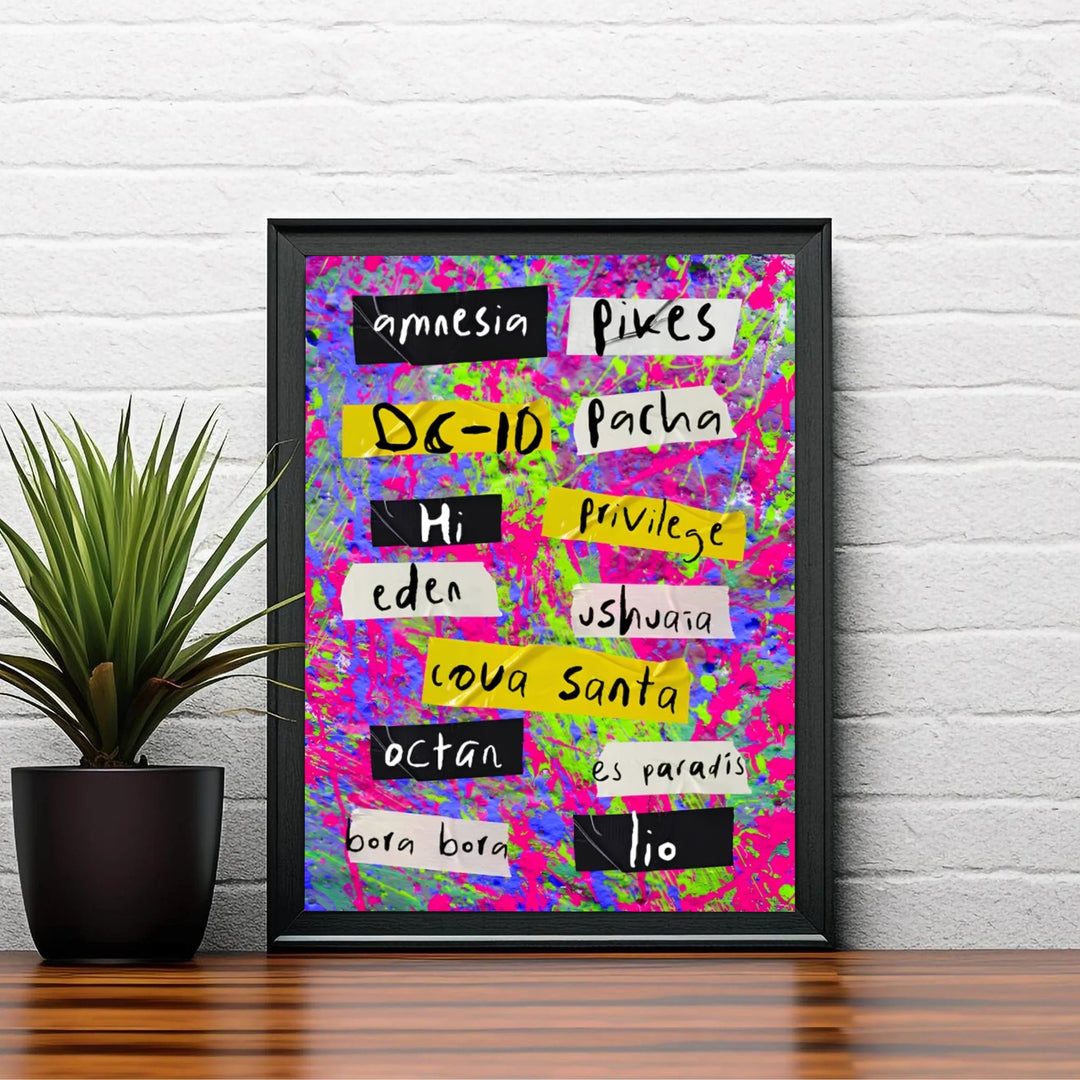 Mediterranean dance festival memory print showcasing neon pink, blue, and lime splatters over venue names in Ibiza, Spain, offered by MapYourDreams with catalog selections including an unframed art print, a stretched gallery canvas, or a custom framed layout for home bars.