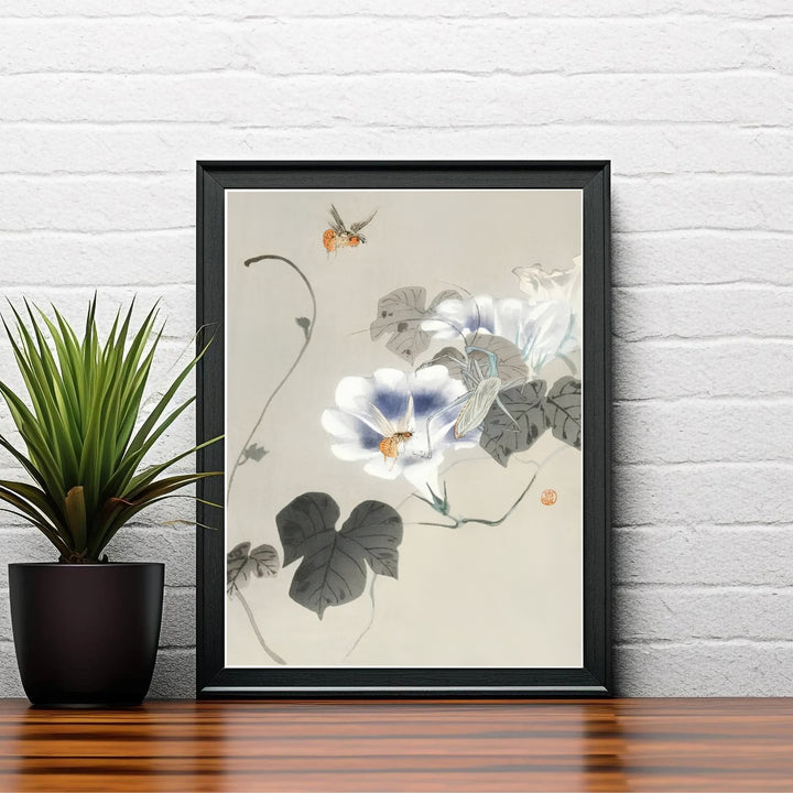 Beautiful 1900 1930 Japanese woodblock print by artist Ohara Koson featuring bindweed and hovering insects in a summer garden style inspired by Kamakura garden traditions. MapYourDreams offers versatile framed, unframed, and canvas print options.