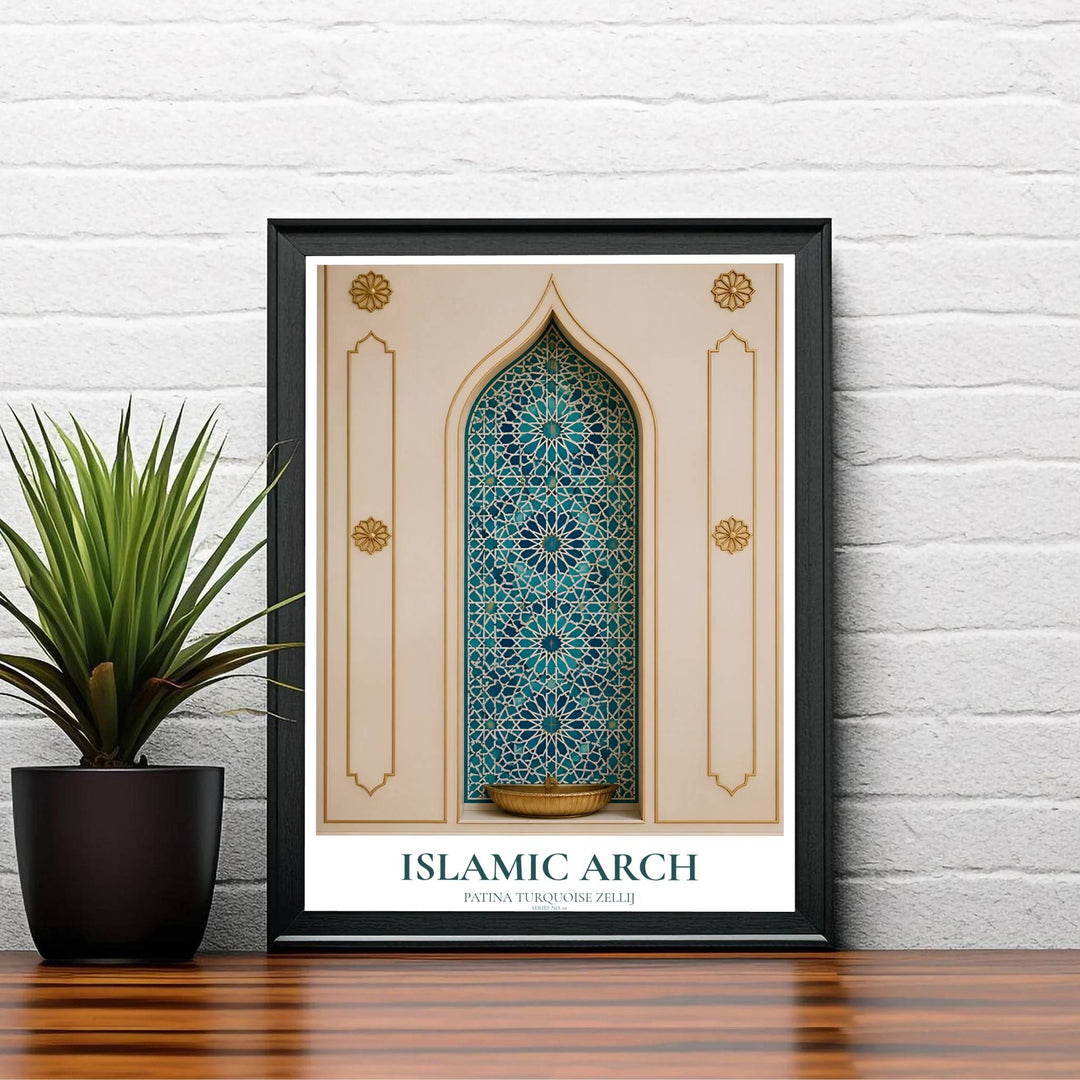 Elegant Moroccan interior wall art poster displaying an arched alcove with intricate turquoise blue geometric tile patterns. Created by MapYourDreams, this artwork is available in flexible options including unframed paper, custom wooden frames, and gallery canvas wraps for bedroom wall art.