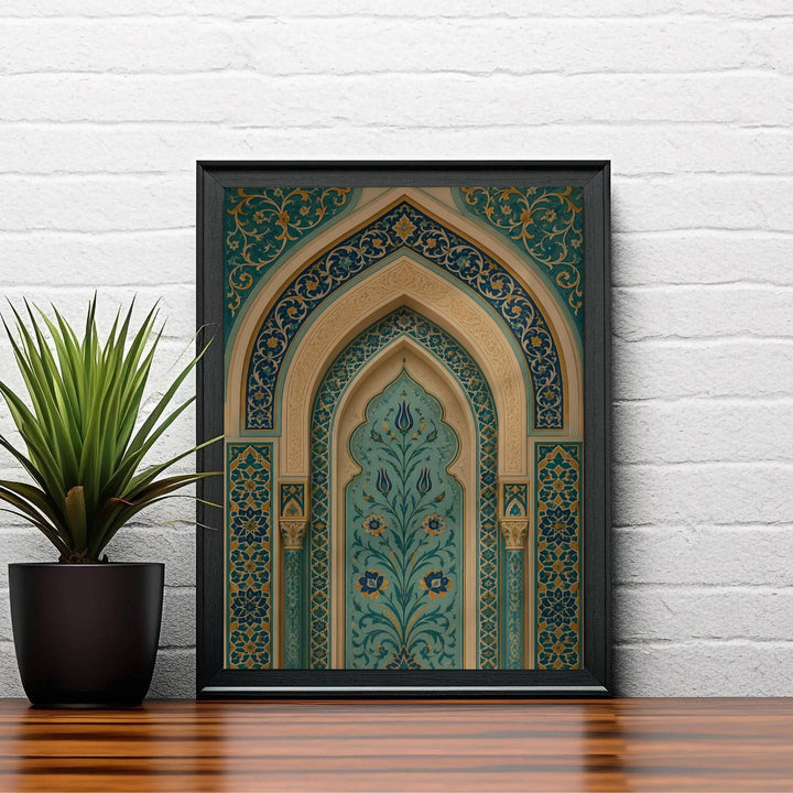 Elegant Turkish interior wall art poster displaying an arched alcove with intricate turquoise blue floral ceramic tile patterns. Created by MapYourDreams, this artwork is available in flexible options including unframed paper, custom wooden frames, and gallery canvas wraps for bedroom wall art.