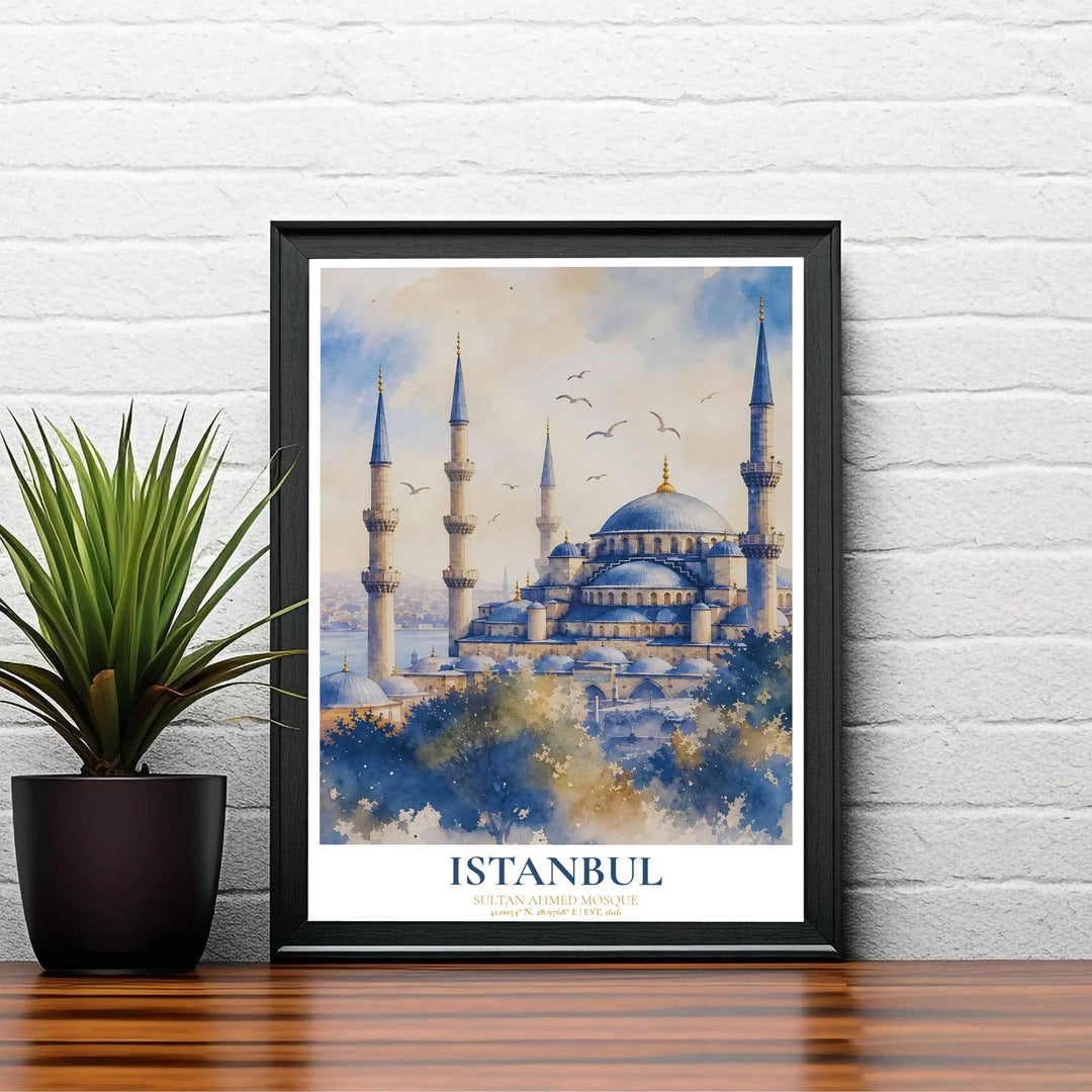 Elegant Istanbul travel poster showing Blue Mosque cascading domes and minarets in impressionistic watercolor washes. Created by MapYourDreams, this artwork is available in flexible options including unframed paper, custom wooden frames, and gallery canvas wraps for bedroom wall art.