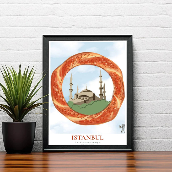 Graphic travel art print of Istanbul Blue Mosque showcasing a toasted sesame ring lens overlooking green treetops. Made by MapYourDreams, this artwork is available in flexible options including unframed paper, custom wooden frames, and gallery canvas wraps for living space wall art.
