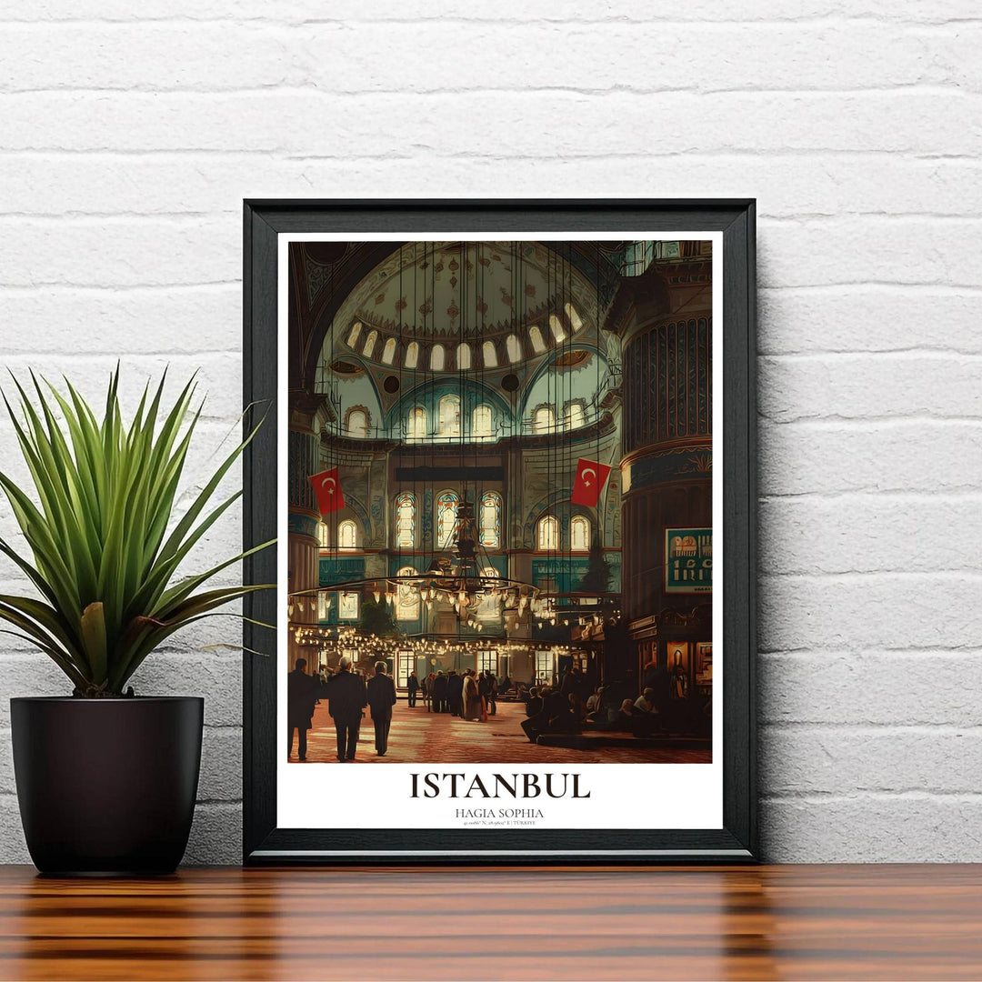 Elegant Istanbul travel poster showing Hagia Sophia interior architecture bathed in soft sunbeams and chandelier light. Created by MapYourDreams, this artwork is available in flexible options including unframed paper, custom wooden frames, and gallery canvas wraps for bedroom wall art.